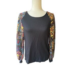 Eva Franco Black Top Blouse Boho Ethnic Sheer Embroidered Sleeves 0 Small New